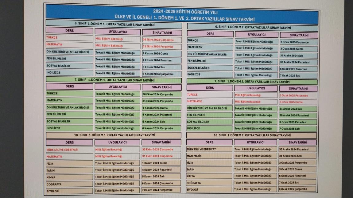 2024-2025 EĞİTİM ÖĞRETİM YILI 1. DÖNEM 1. YAZILI TARİHLERİ